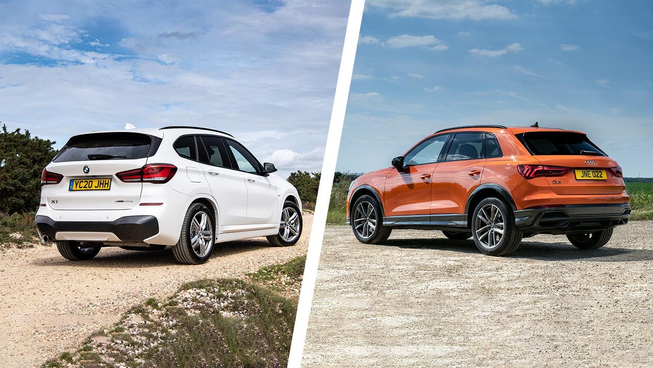 BMW X1 vs Audi Q3 rear three quarter static shot