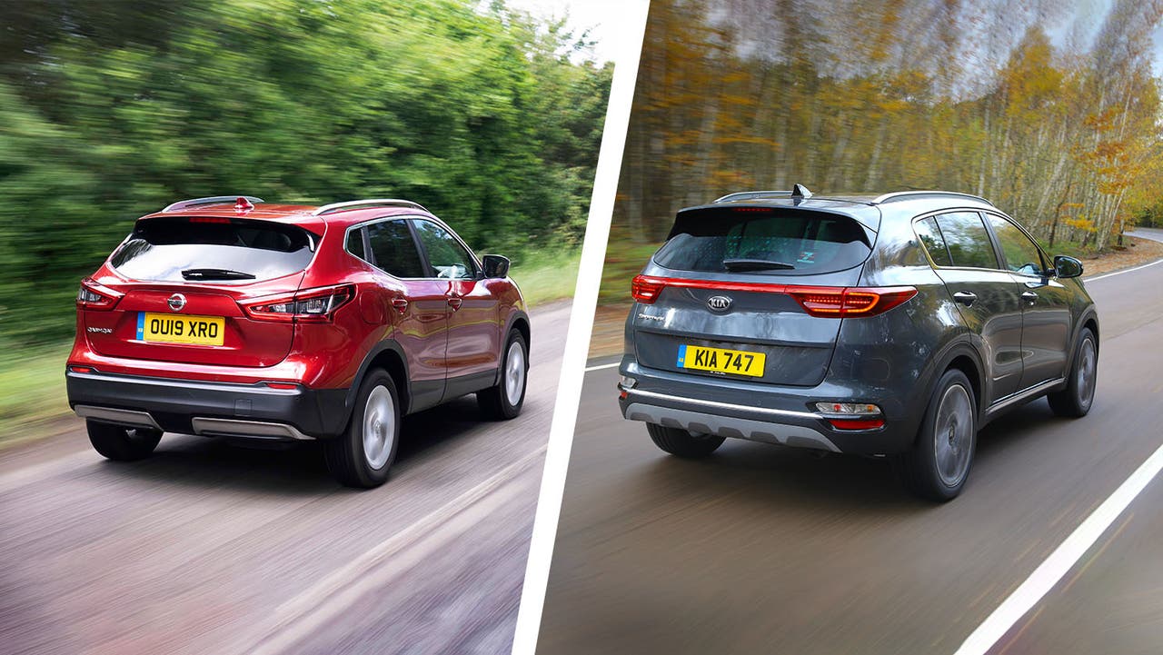 Used Nissan Qashqai vs used Kia Sportage rear three quarter shot