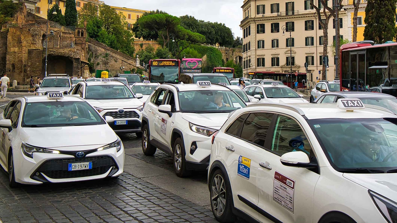 Queue of taxis on Italian intersection