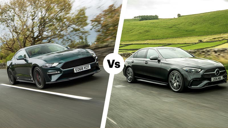 Coupe vs saloon – Ford Mustang Bullitt and Mercedes C-Class driving