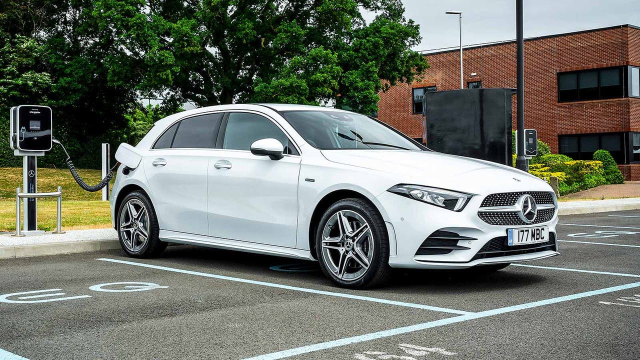 Mercedes A-Class in white, static charging shot
