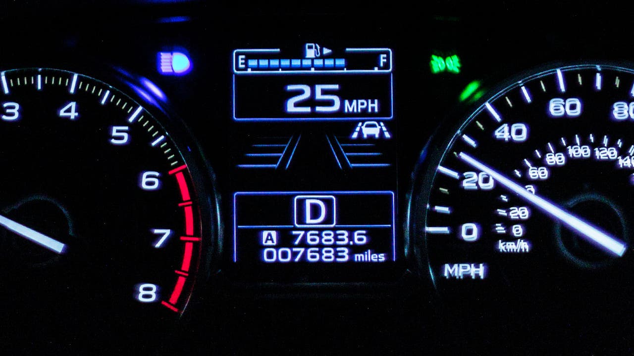 Closeup of a car's odometer showing mileage
