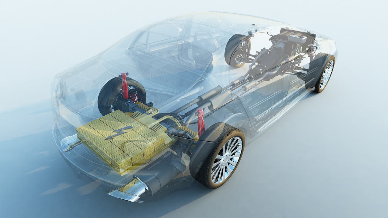 Visualisation of a hybrid car's chassis featuring an engine and motor up front and a battery pack in the rear