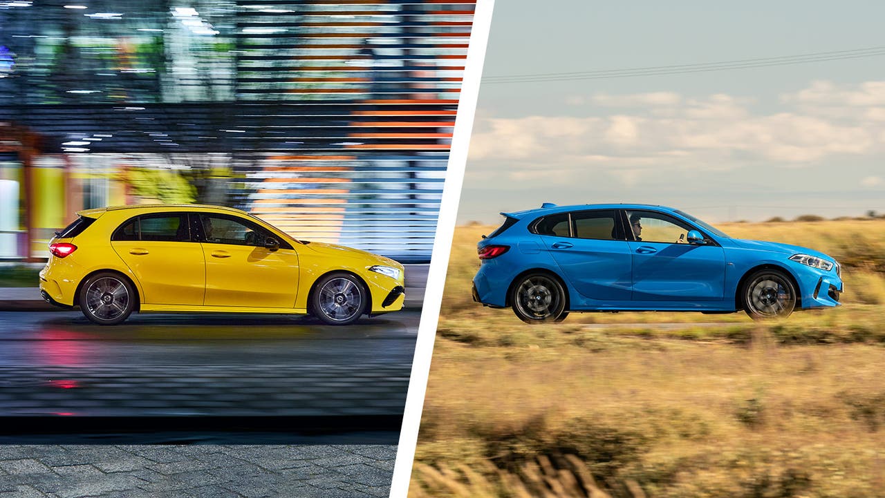 Mercedes A-Class (yellow) vs BMW 1 Series (blue) comparison image side driving