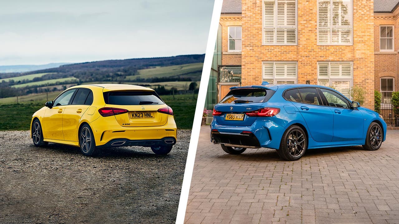 Mercedes A-Class (yellow) vs BMW 1 Series (blue) comparison image rear three quarter