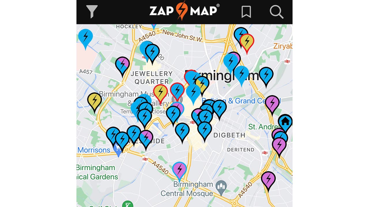 Screenshot of the Zap Map app running on a smartphone. Screen shows charging points in Birmingham city centre.