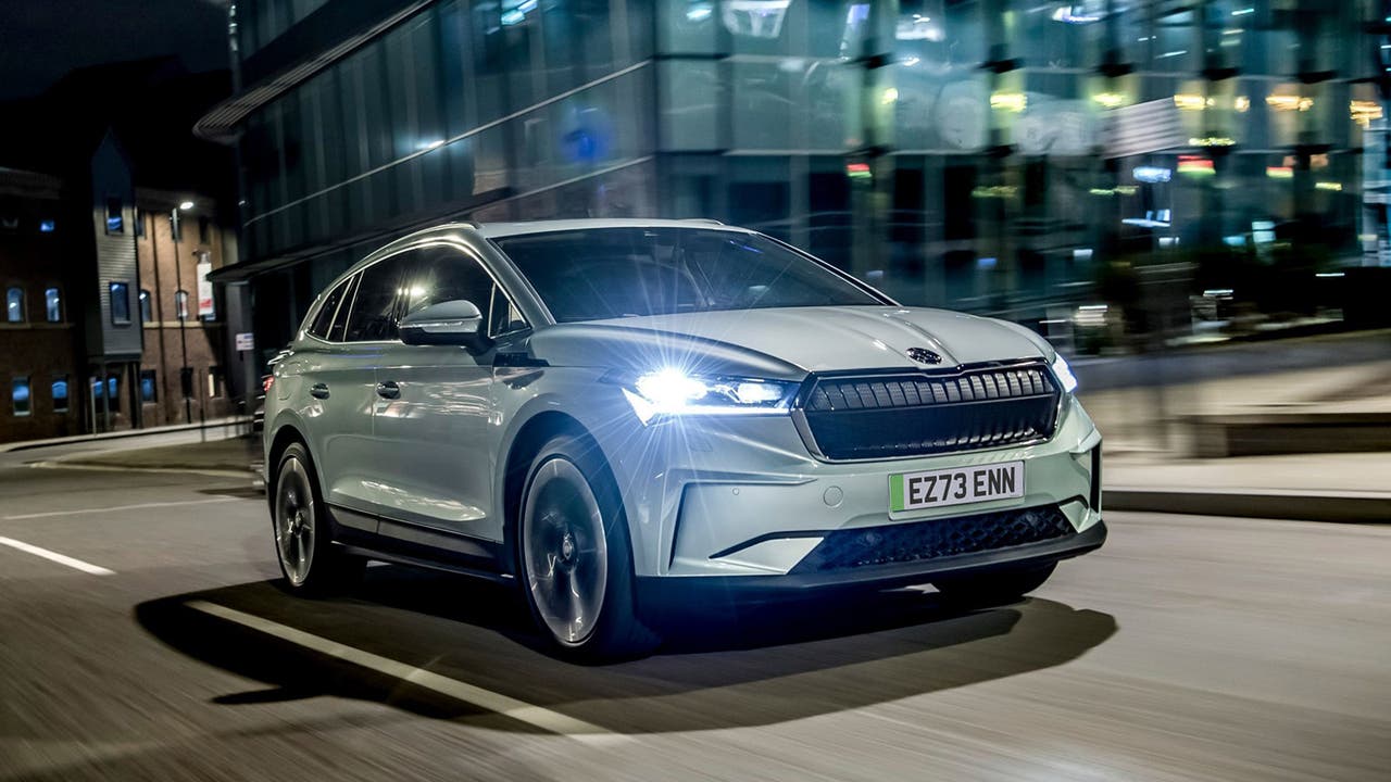 Skoda Enyaq in silver-blue, driving shot