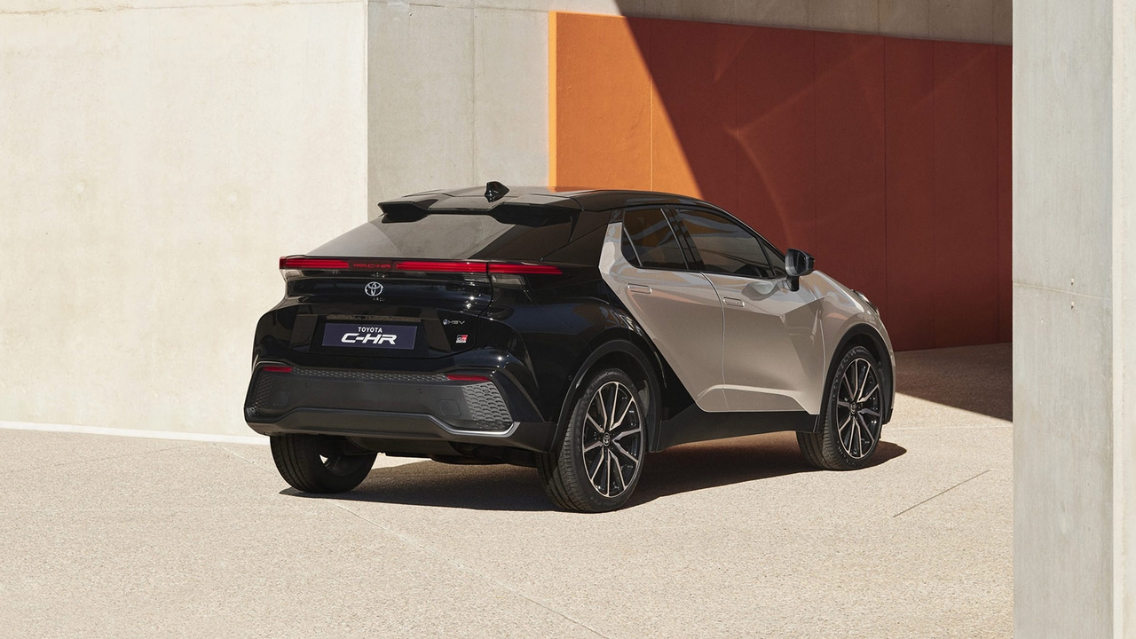 New Toyota C-HR in silver, rear three quarter shot