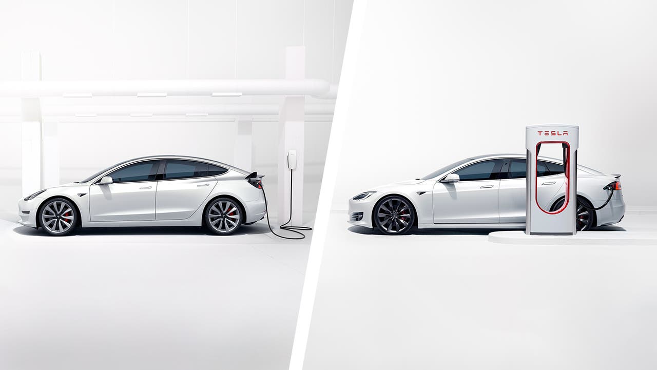 Tesla Model 3 vs Tesla Model S charging side shot