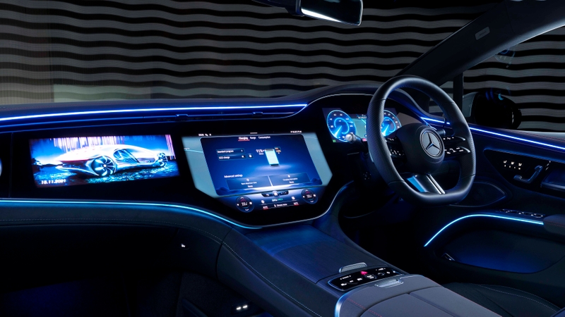 Mercedes EQS interior with Hyperscreen at night