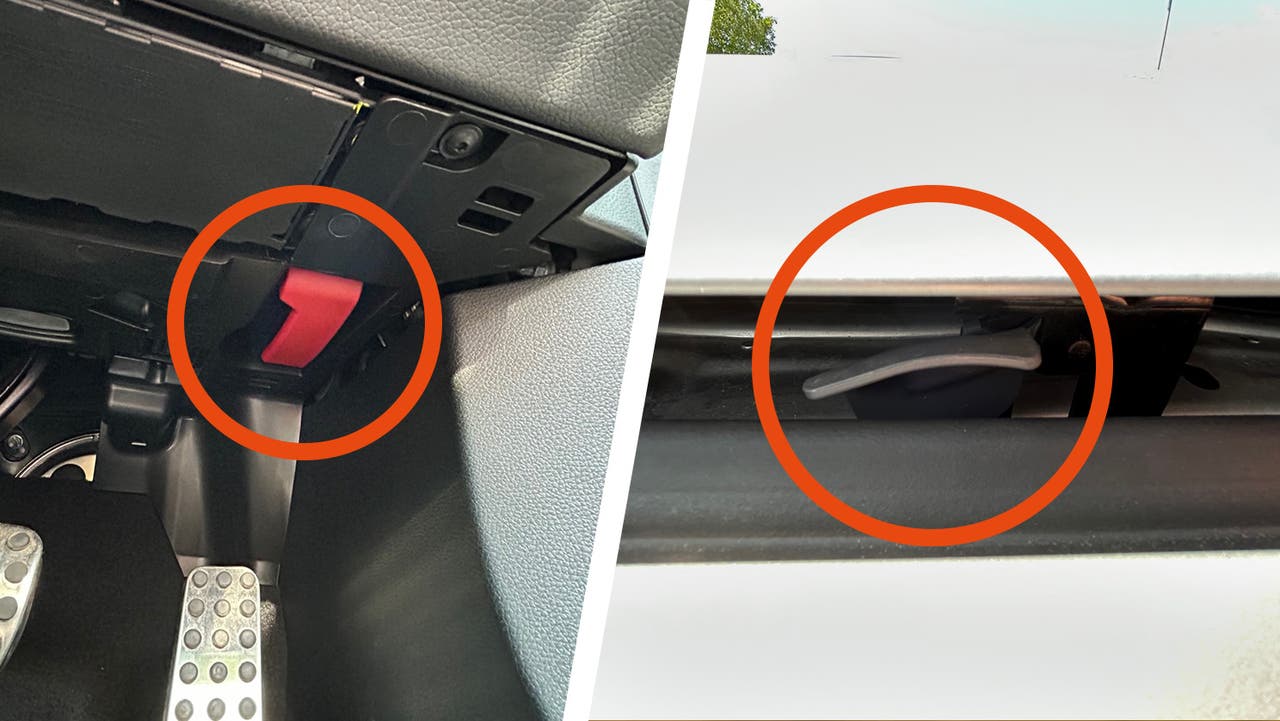 Mercedes C-Class, how to open bonnet. Left image shows red tab in driver's footwell, right image shows metal tab under bonnet.