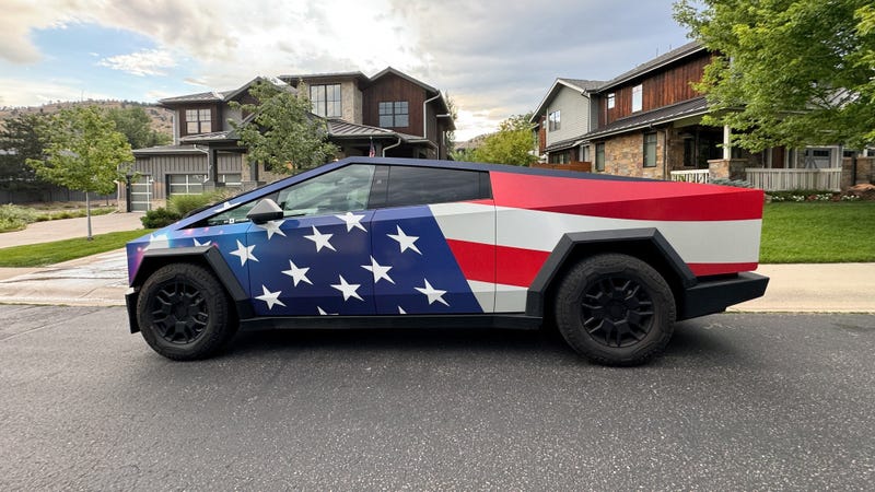 Tesla Cybertruck with US flag wrap