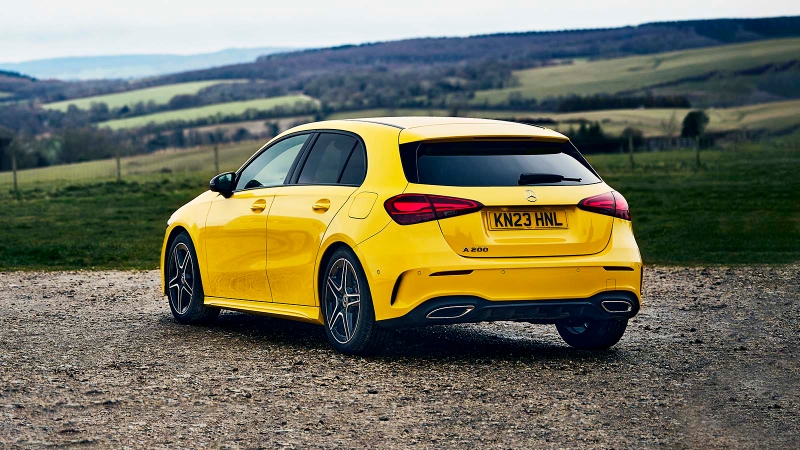 Mercedes A-Class in yellow, rear three quarter