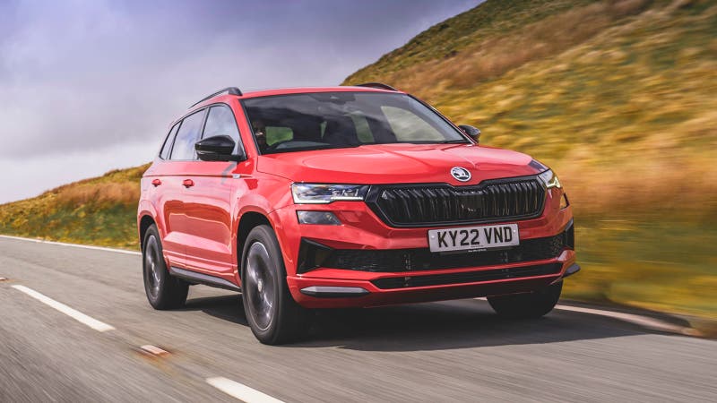 Skoda Karoq in red, driving shot