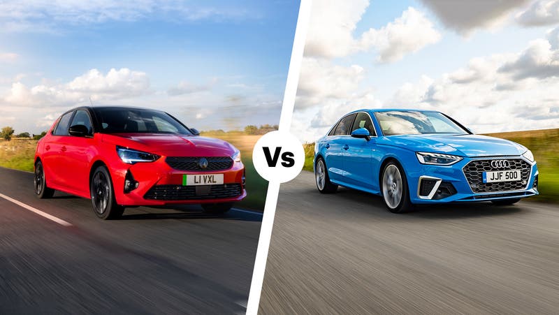 Vauxhall Corsa hatchback in red vs Audi A4 saloon in blue, front three quarter driving shot.