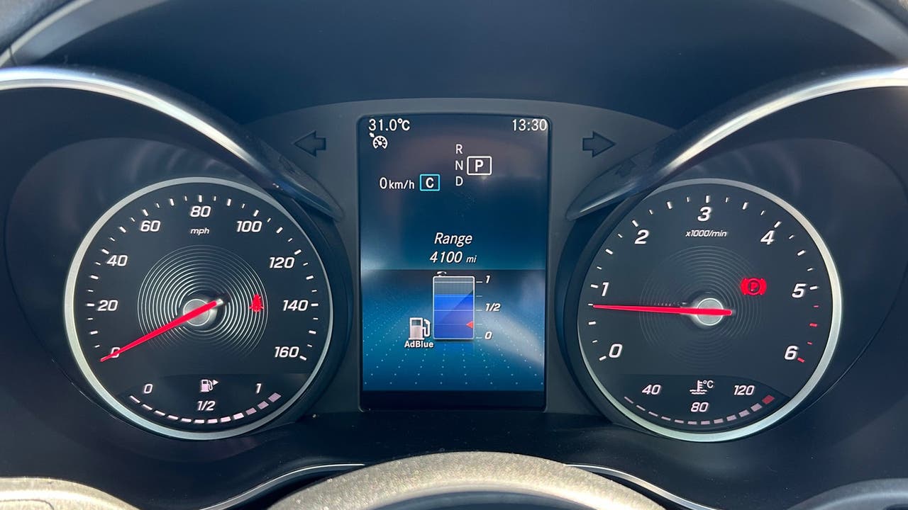 Mercedes C-Class, how much AdBlue. Driver's screen showing current AdBlue level.