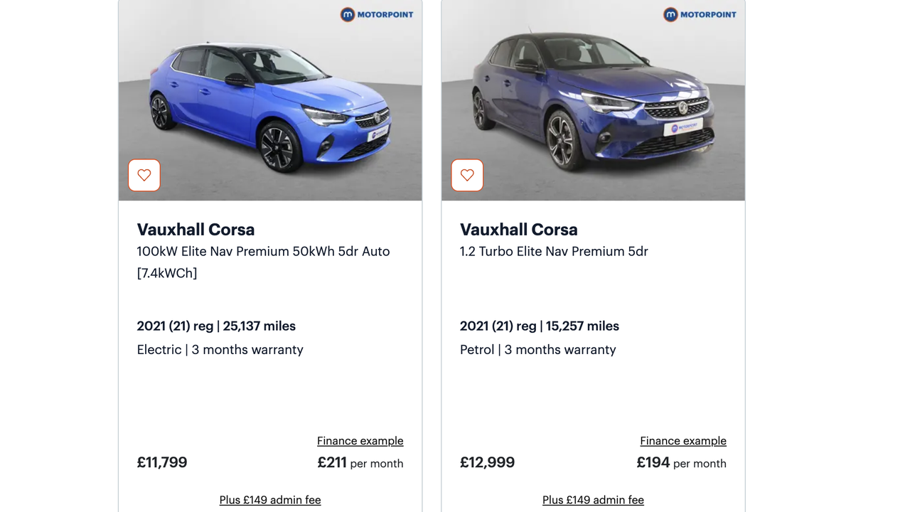 Vauxhall Corsa petrol vs electric price comparison at Motorpoint