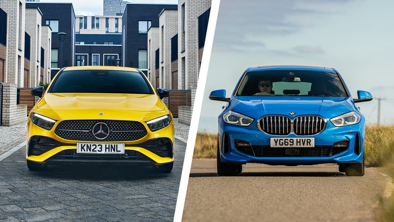 Mercedes A-Class (yellow) vs BMW 1 Series (blue) comparison image front