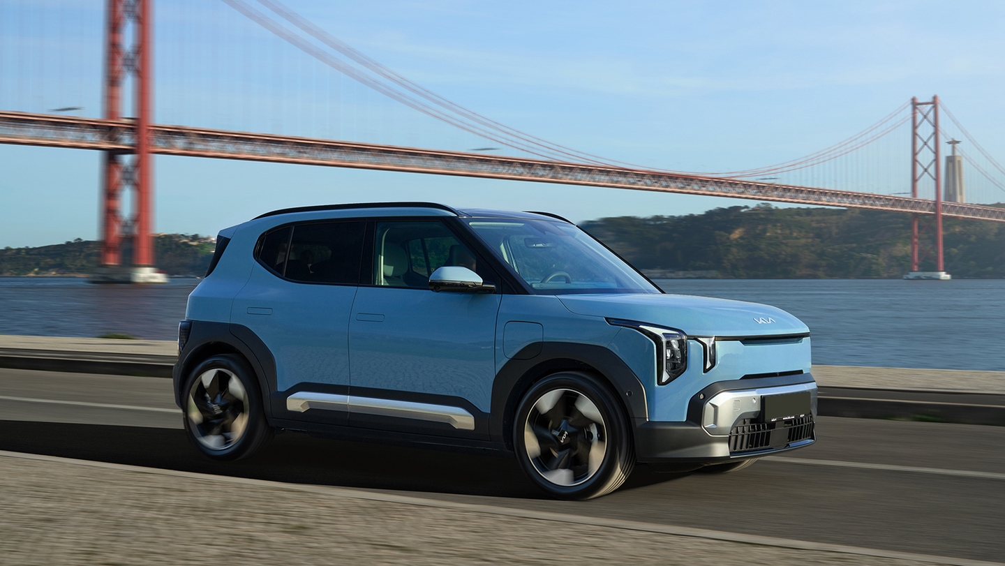 Kia EV2 driving in Lisbon