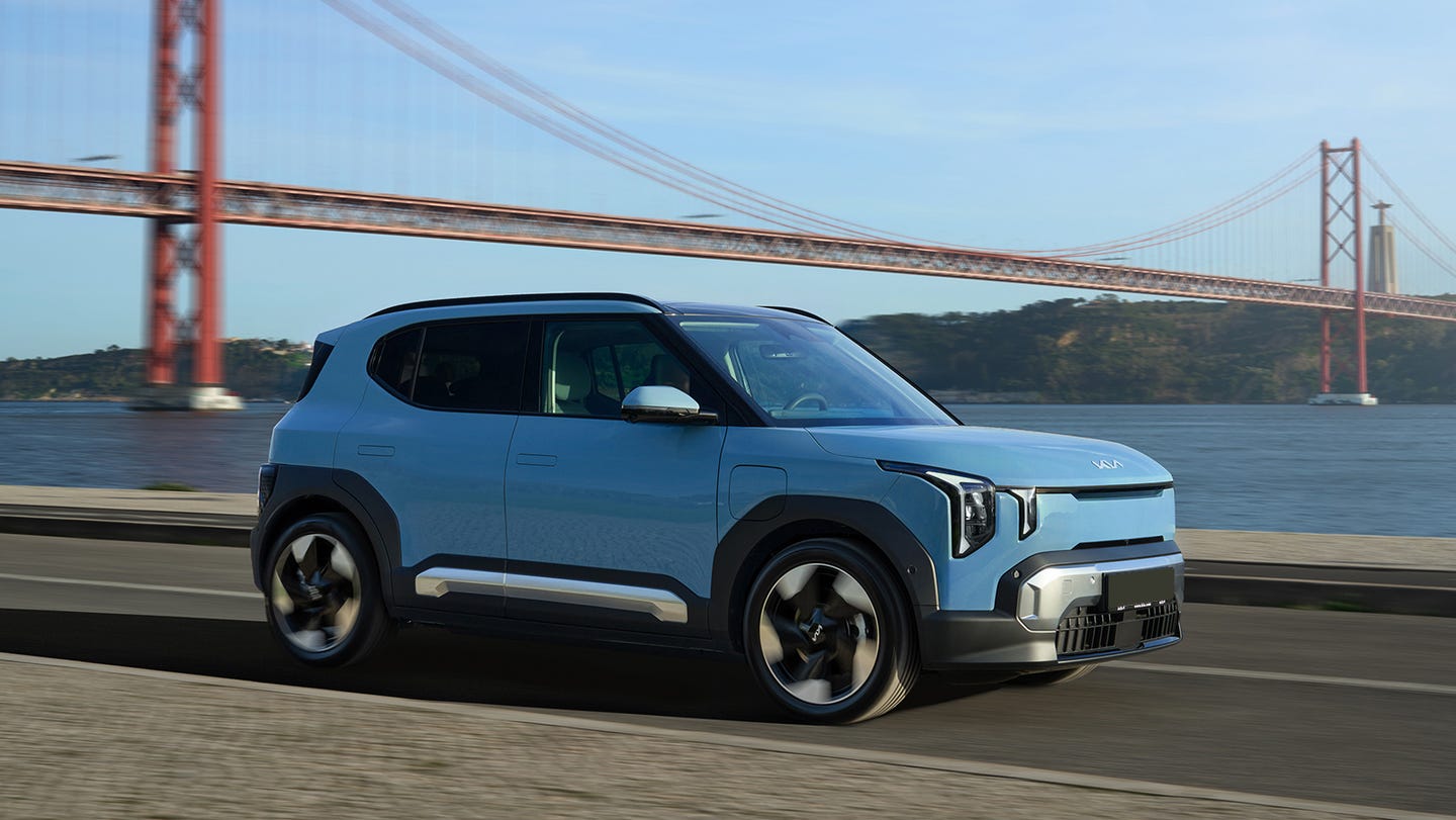 Kia EV2 driving in Lisbon