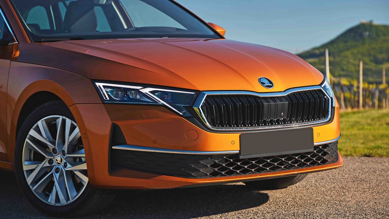 Orange 2024 Skoda Octavia, front end detail