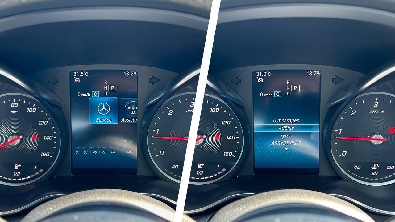 Mercedes C-Class, how to check AdBlue level. Side by side showing the service menu in the instrument binnacle then the AdBlue selection.