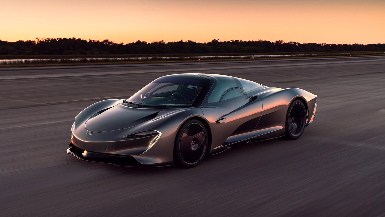 A McLaren Speedtail in bronze, driving shot