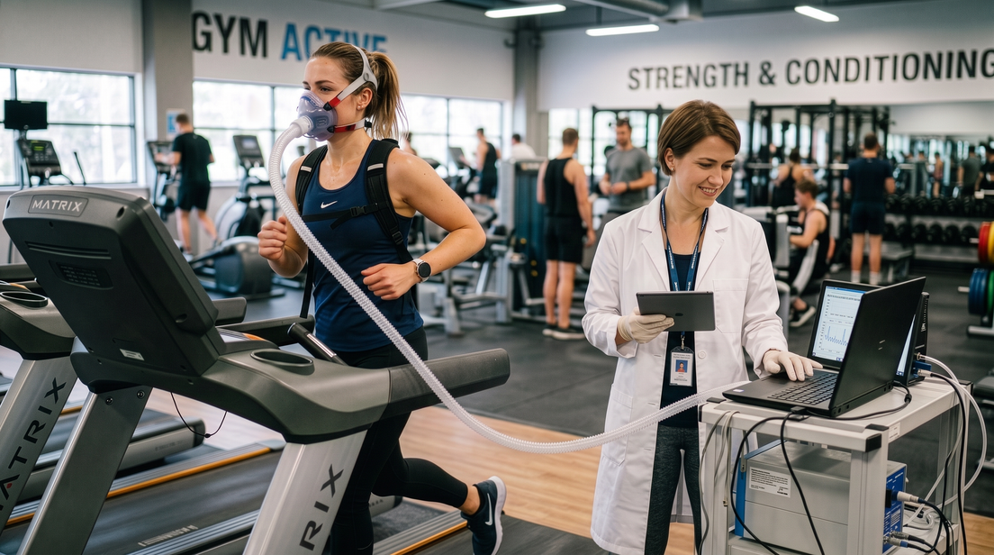 A woman running on a treadmill with an oxygen measurement device on her face
