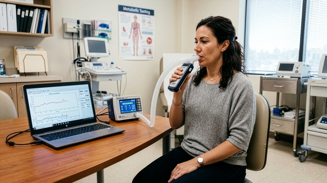 A woman breathes into an oxygen measurement device. In front of her is a laptop with diagnostic information on her metabolic rate.