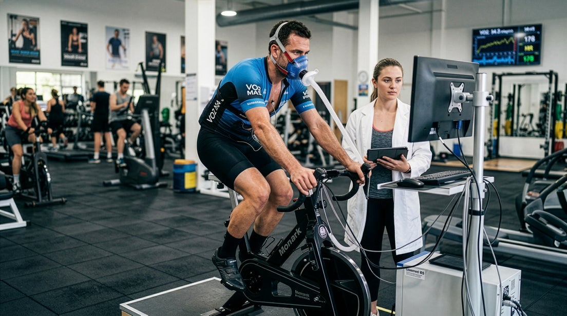 A man on an exercise bike with an oxygen mask on his face hooked up to a nearby monitor. A woman in a lab coat with a clipboard is taking notes next to him.